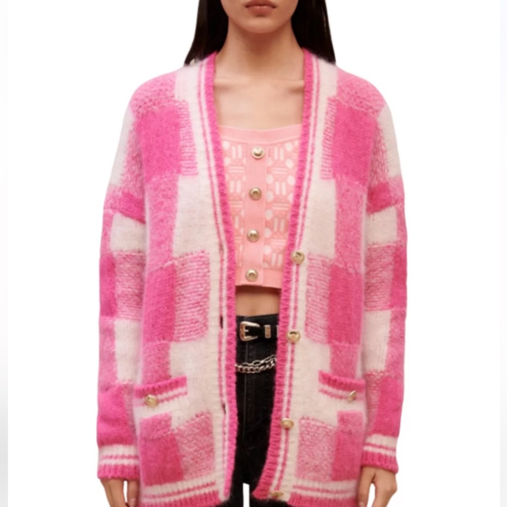 MAJE MY SQUARE PINK AND WHITE CARDIGAN SIZE 3